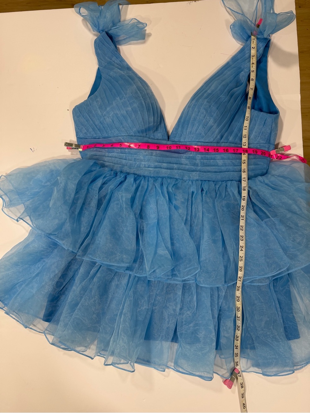 Blue Tie-Shoulder Ruffled V-Neck Mini Dress - Picture 6 of 12